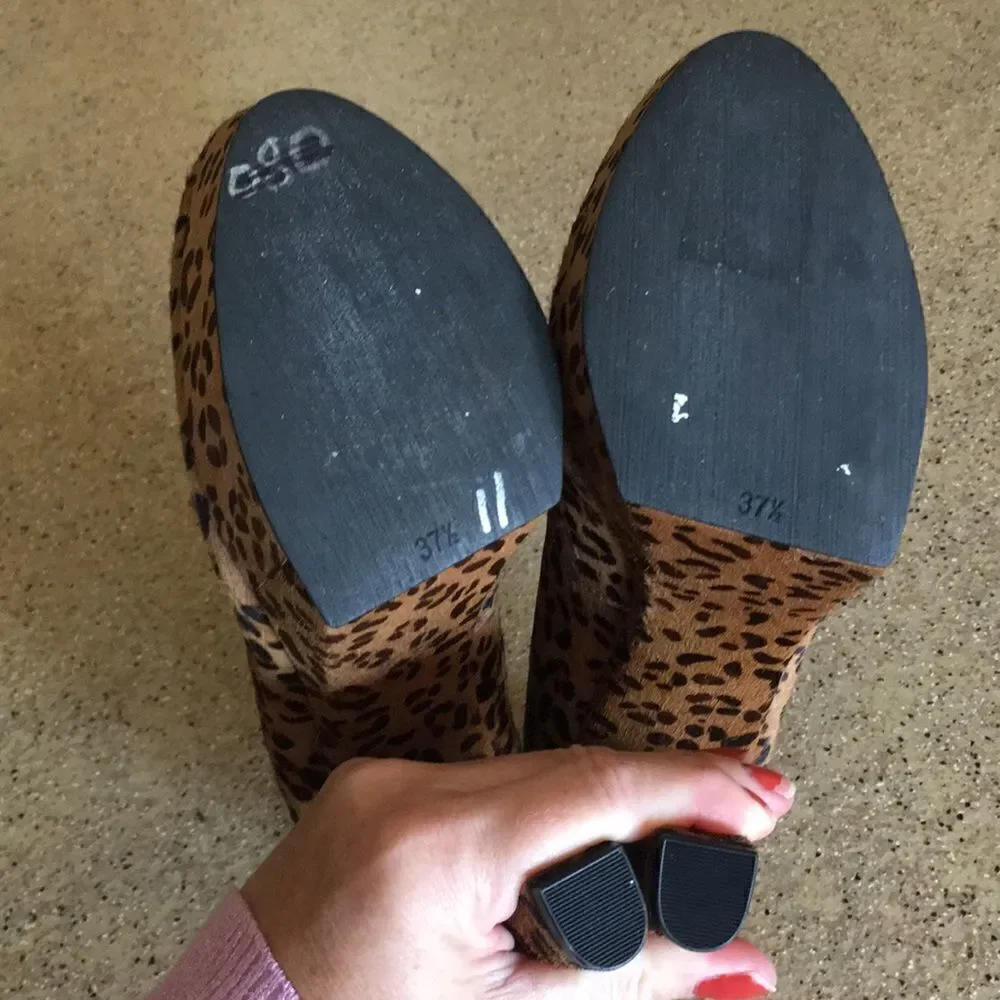 Leopard print calf hair platform heels
